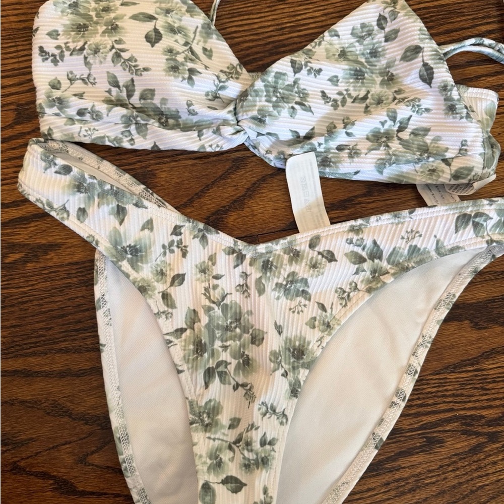 Hollister White Bikini with Green Floral Print